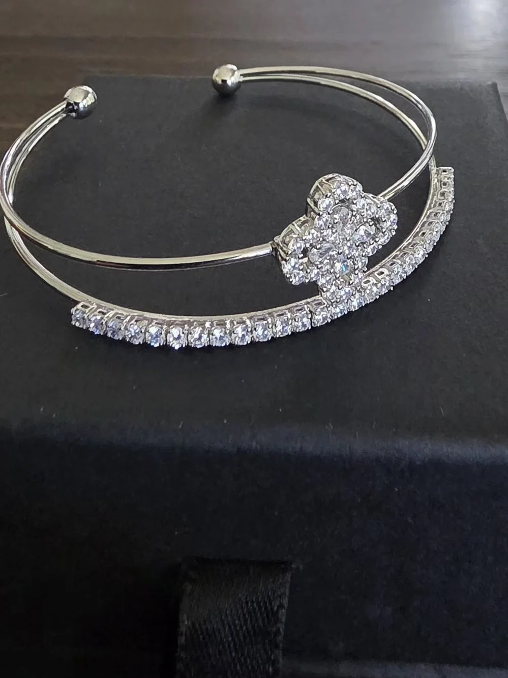 925 Sterling Silver Clover CZ Adjustable Cuff Bracelet | Open Bangle